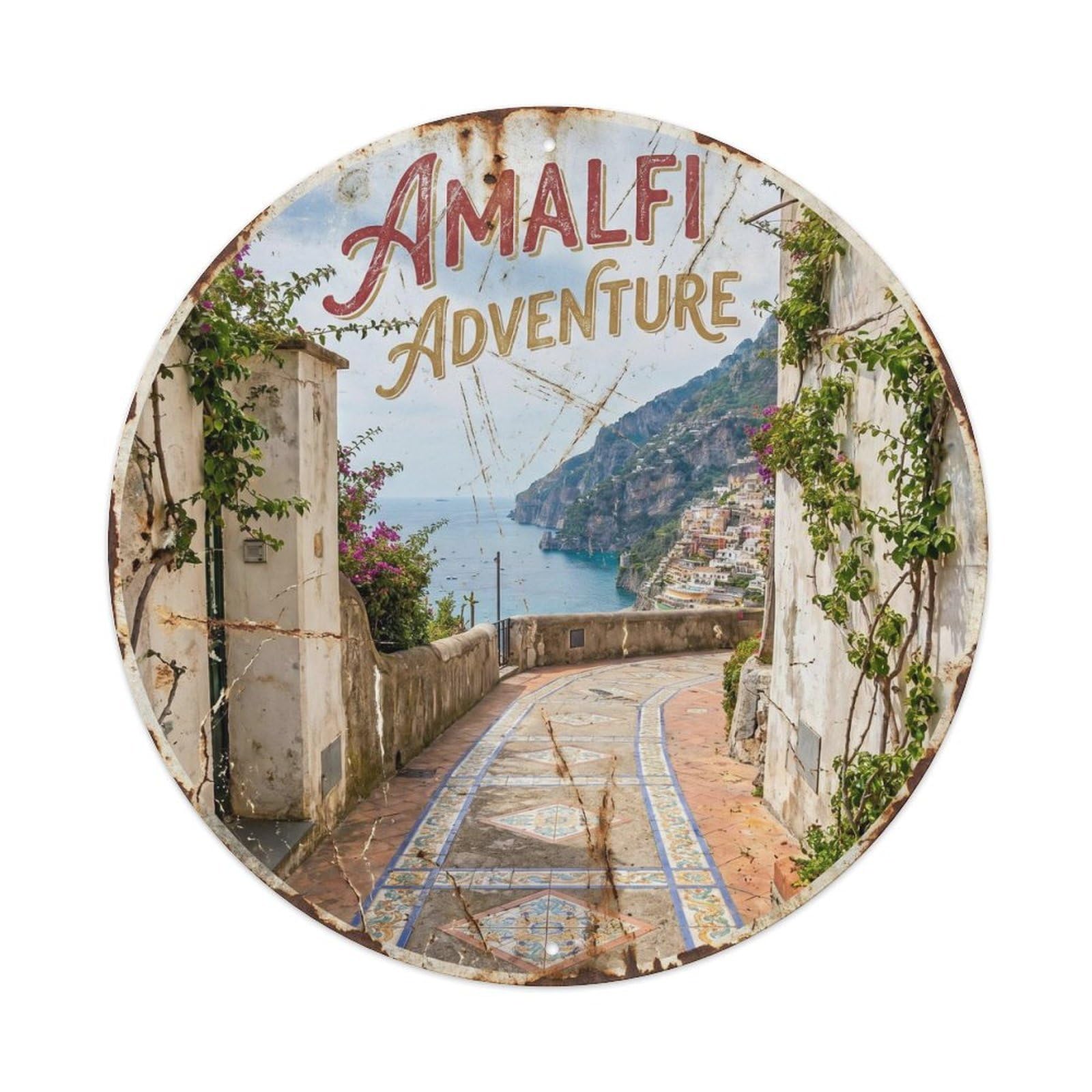 Coastal Amalfi Pathway Seaside Travel Riviera Panorama Metal Tin Sign Plaque Wall Decor for Cafe, Man Cave, Club Bar, Office, Home Garden Round Metal Poster 8x8Inch