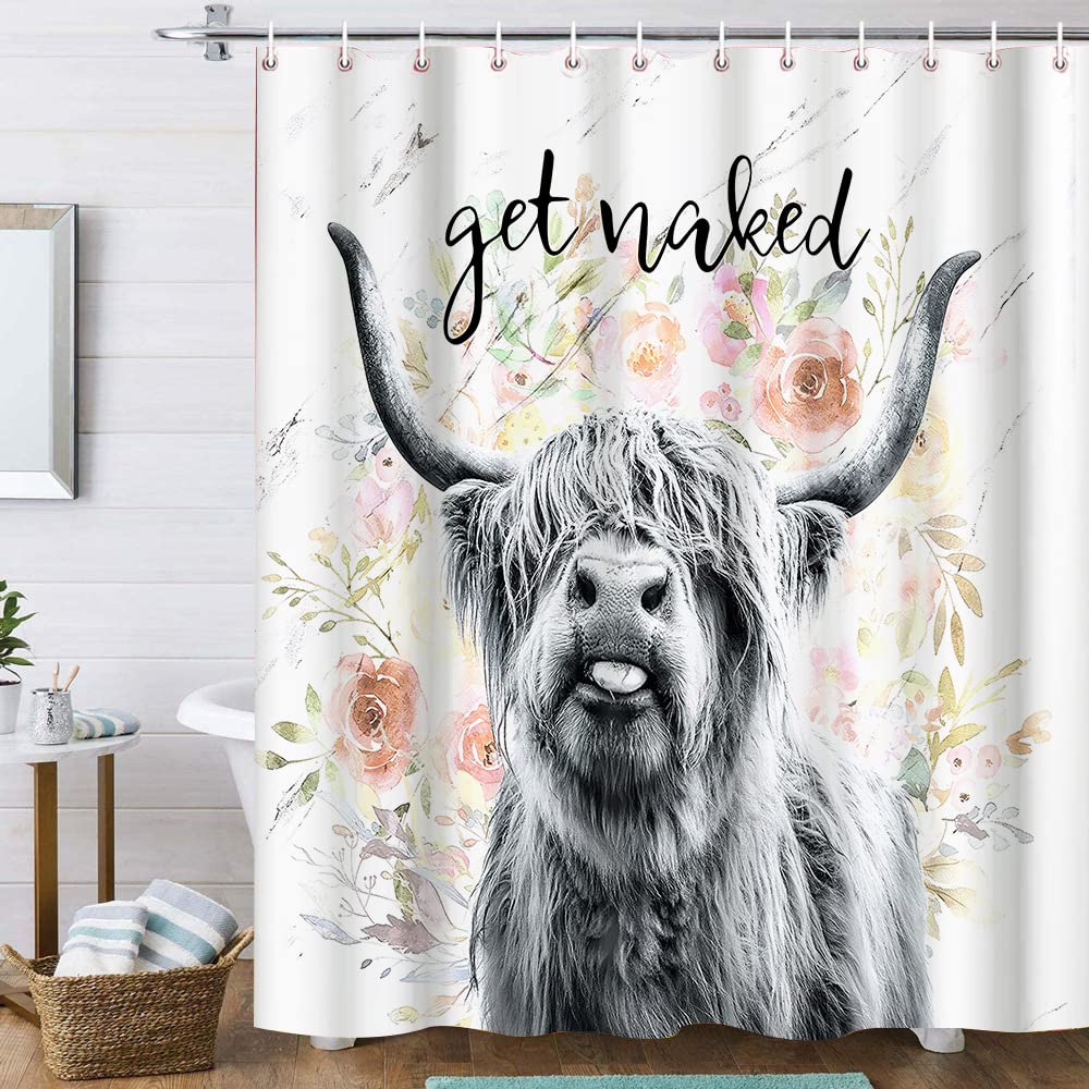 Funny Highland Cow Get Naked Shower Curtain, Country Style Cattle Cow Floral Farmhouse Bathroom Decor Polyester Fabric Waterproof Curtain with 12Hooks（180 * 180cm）