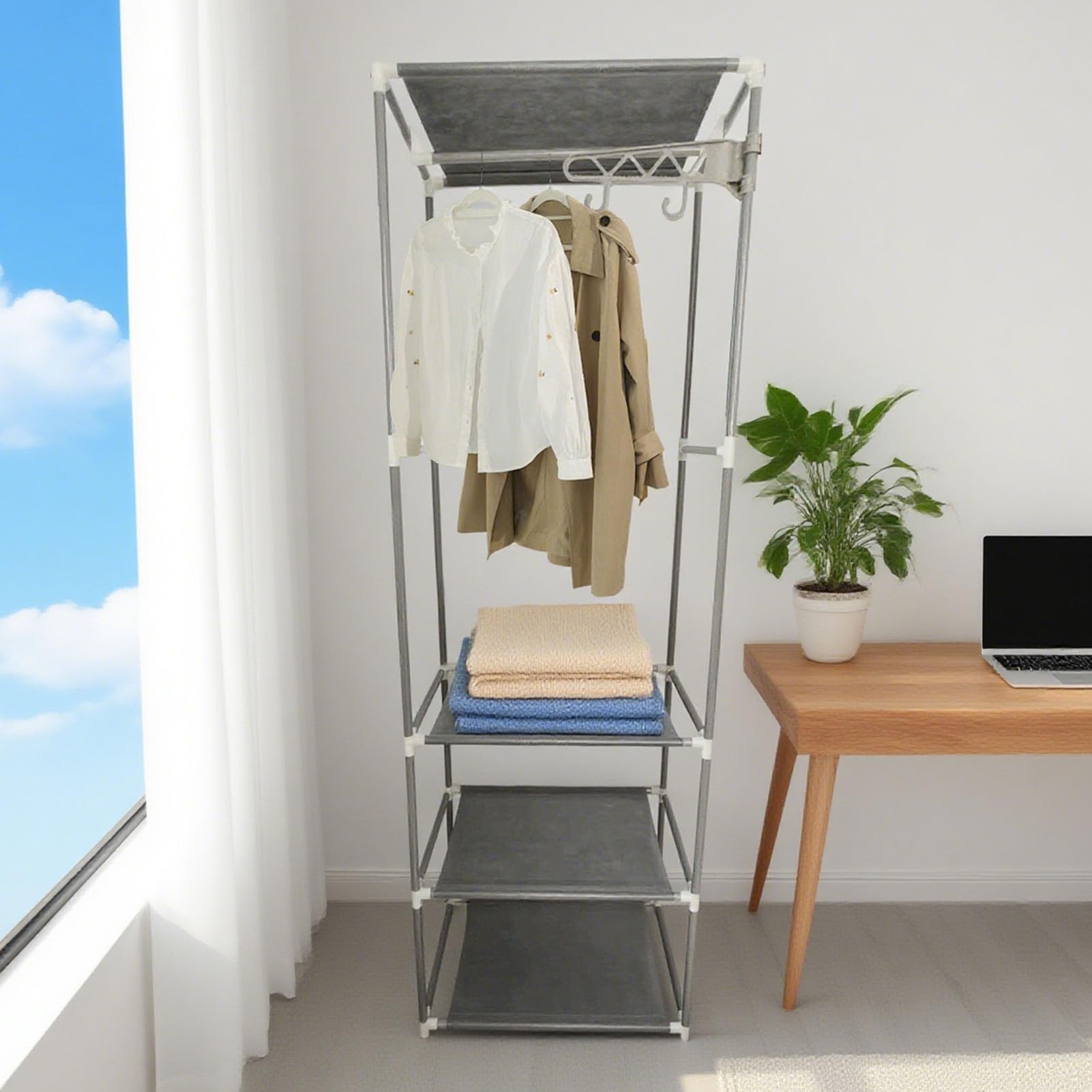 Armadio per Abiti con Scaffali, Capiente Multifunzionale Ripiani e Ganci, Grigio Materiale Acciaio per Affittuari Armadio Camera da Letto