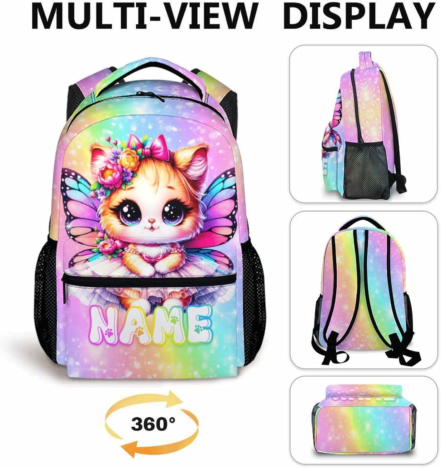 Backpack for Girls, Cat Backpack with Custom Name for Kids School Toddler Primary Elementary, Kindergarten Girls Gift, 17 Inch Personalized Lightweight Casual Bookbag