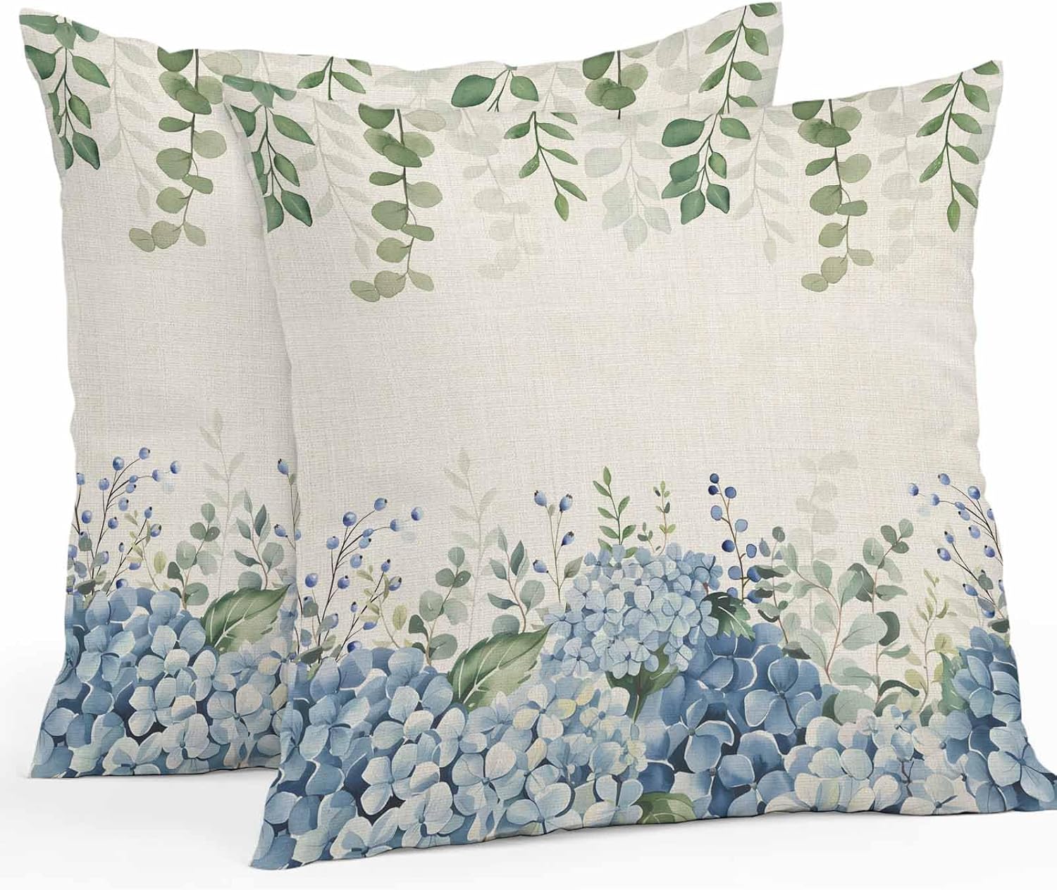 Hydrangea Flower Outdoor Throw Pillow Covers Waterproof Eucalyptus Pillow Cases 16x16in,Green Leaf Retro Linen Decorative Boho Pillow Covers Cushion Cases for Couch Sofa Patio Garden 2 Pack