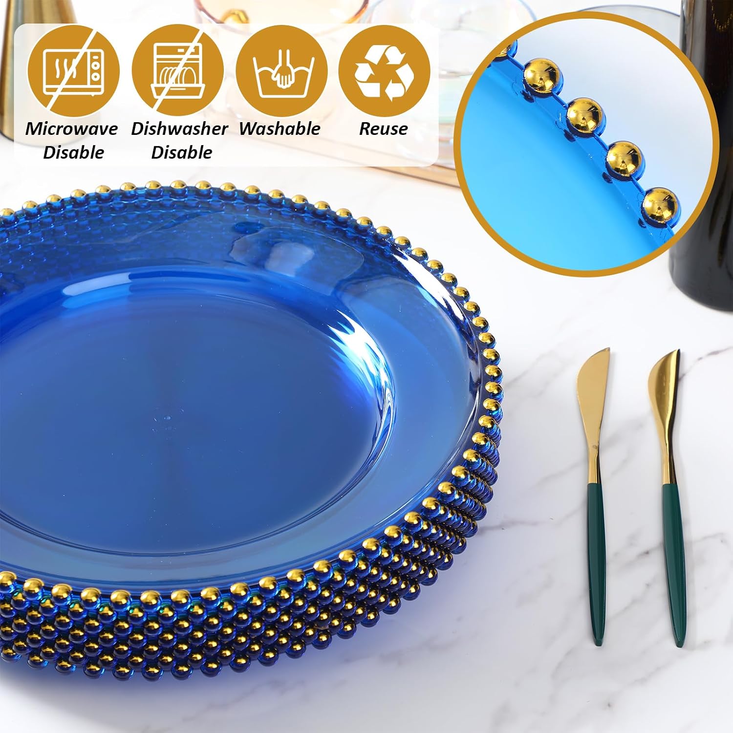 LemonRoad 12 Pcs Blue Charger Plates 13'' Clear Plate with Bead Rim, Gold