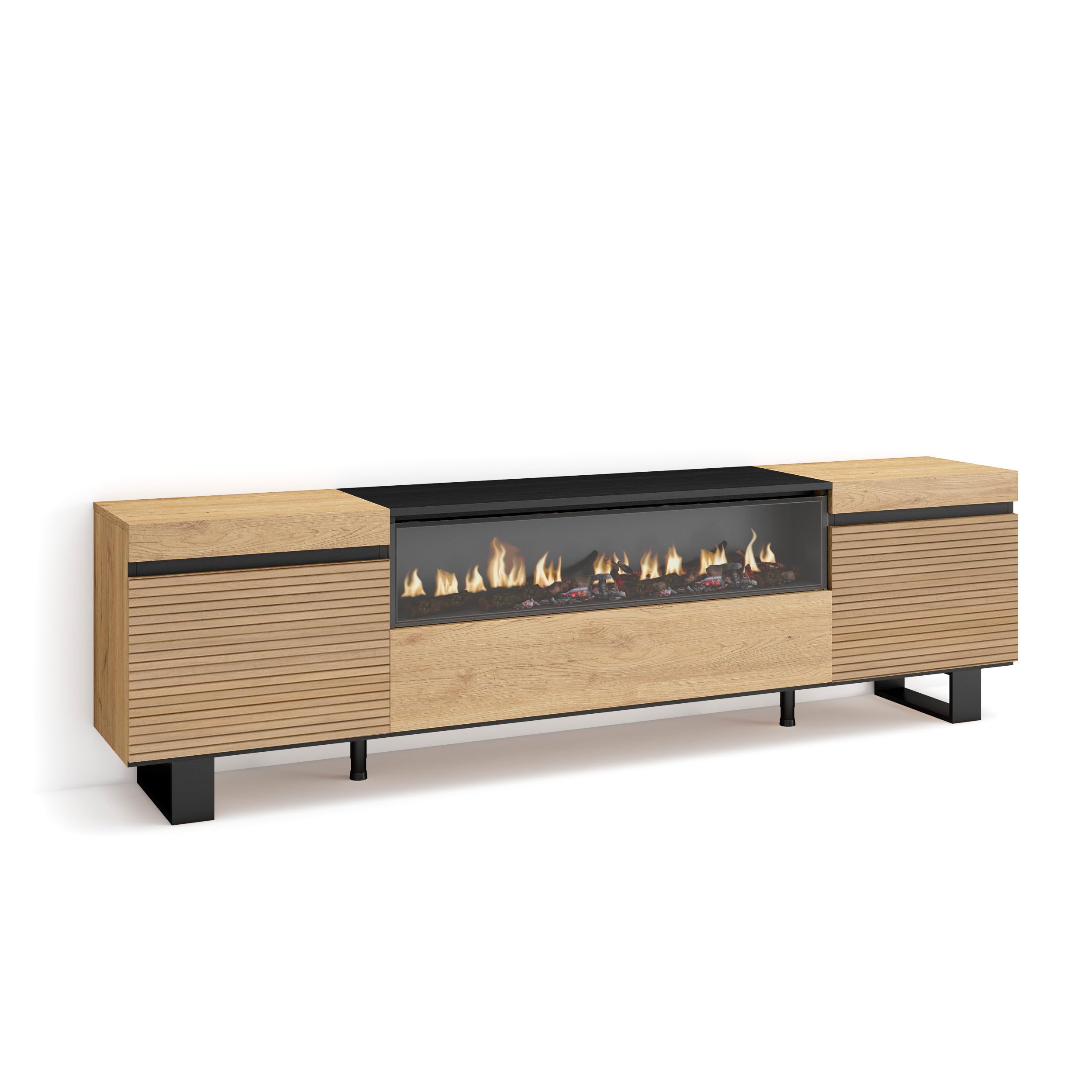 Skraut Home | Mueble TV | Televisión | Muebles de salón, almacenaje | 200x57x35cm | para TV hasta 80" | Chimenea eléctrica | Diseño Industrial | Estilo Moderno | Roble