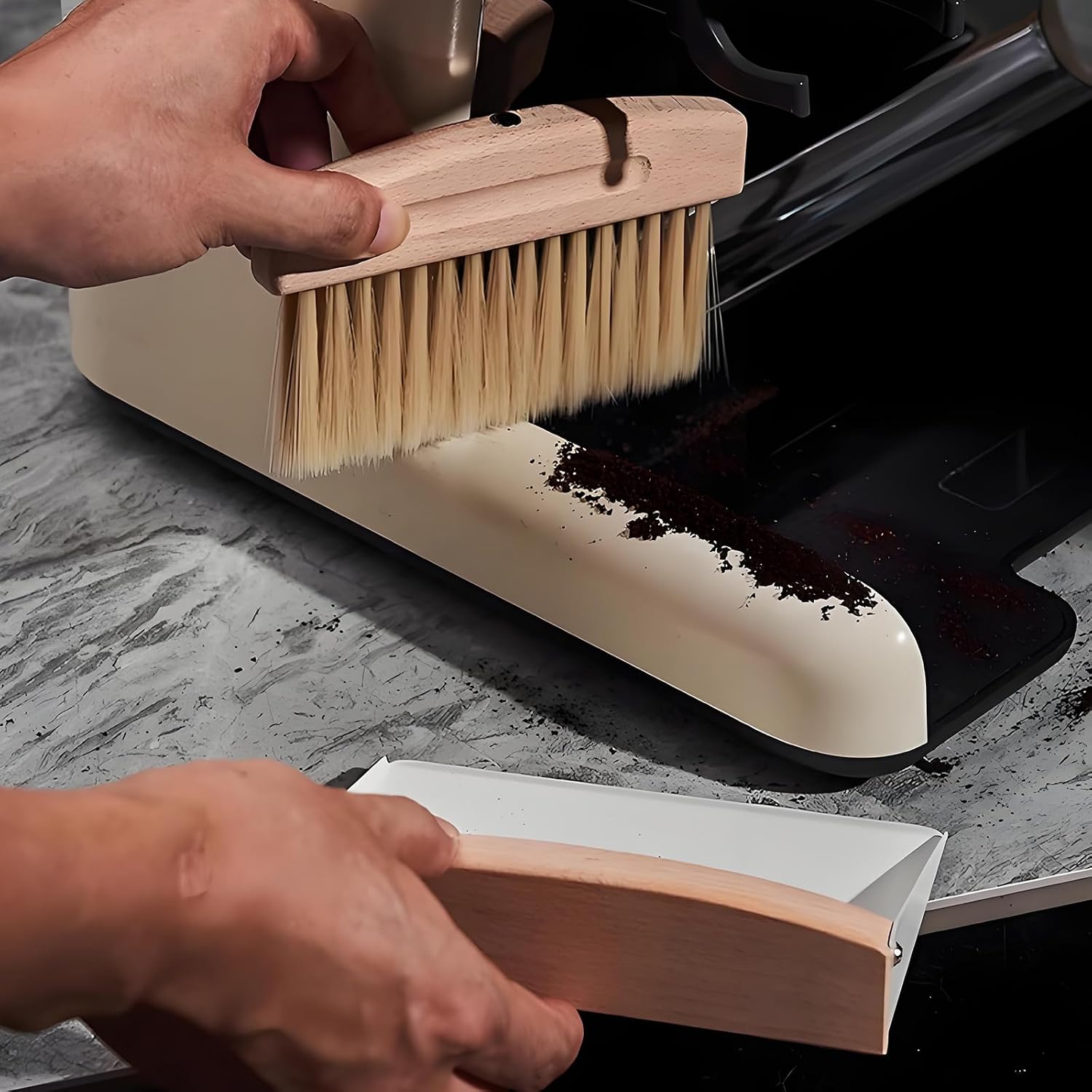 Small Dustpan and Brush Set with Wooden Handle,Mini Metal Crumb Sweeper for Countertops,Desk,Pet Hair,Car,Portable Cleaning Tools for Kitchen,Camping,Sofa (White)