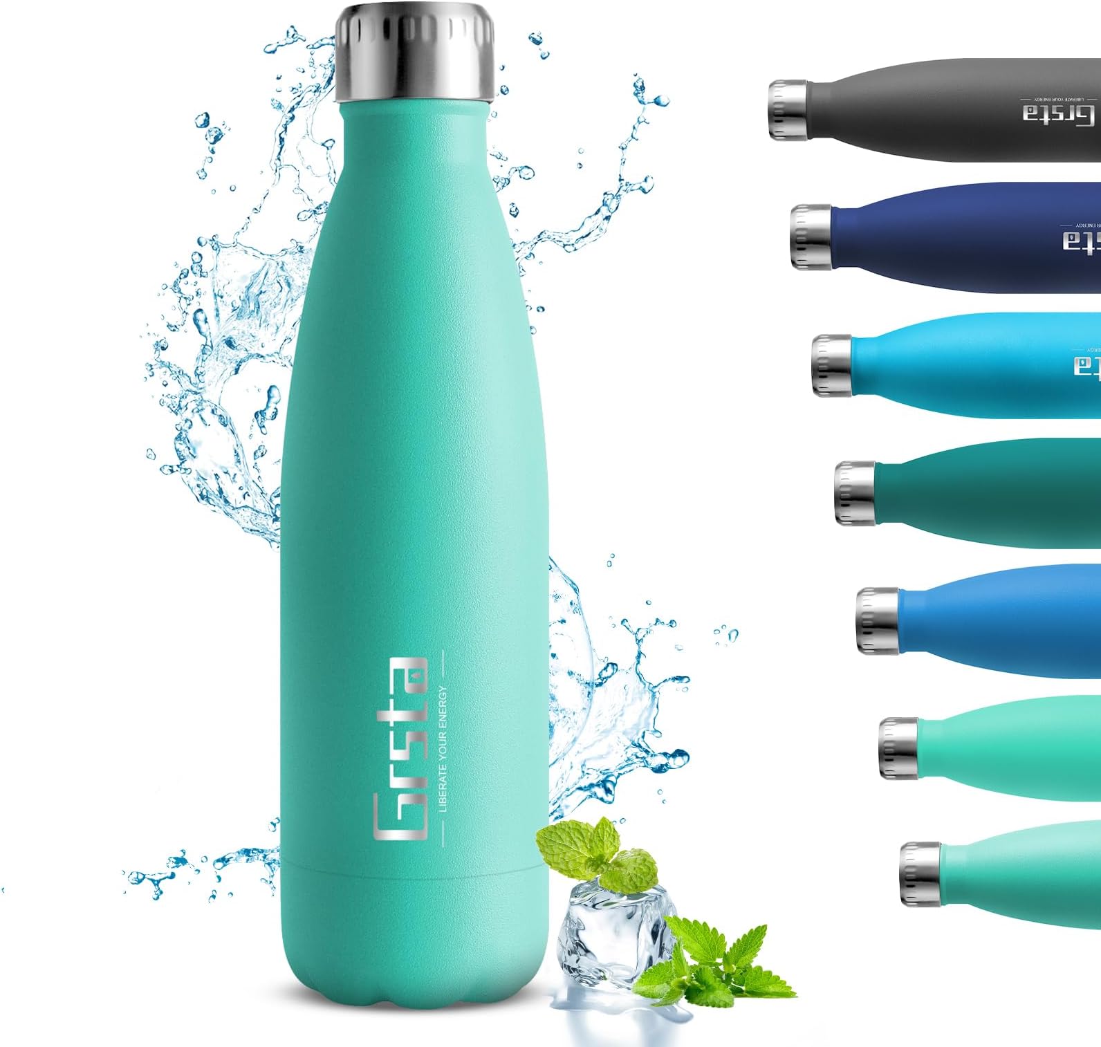 GrstaStainless Steel Insulated Water Bottle, Sports Water Bottle, 500ml/650ml/750m, Vacuum Flask BPA Free, Metal Water Bottles, Leakproof Double Wall Drinking Suitable for Outdoor Sports, Cycling