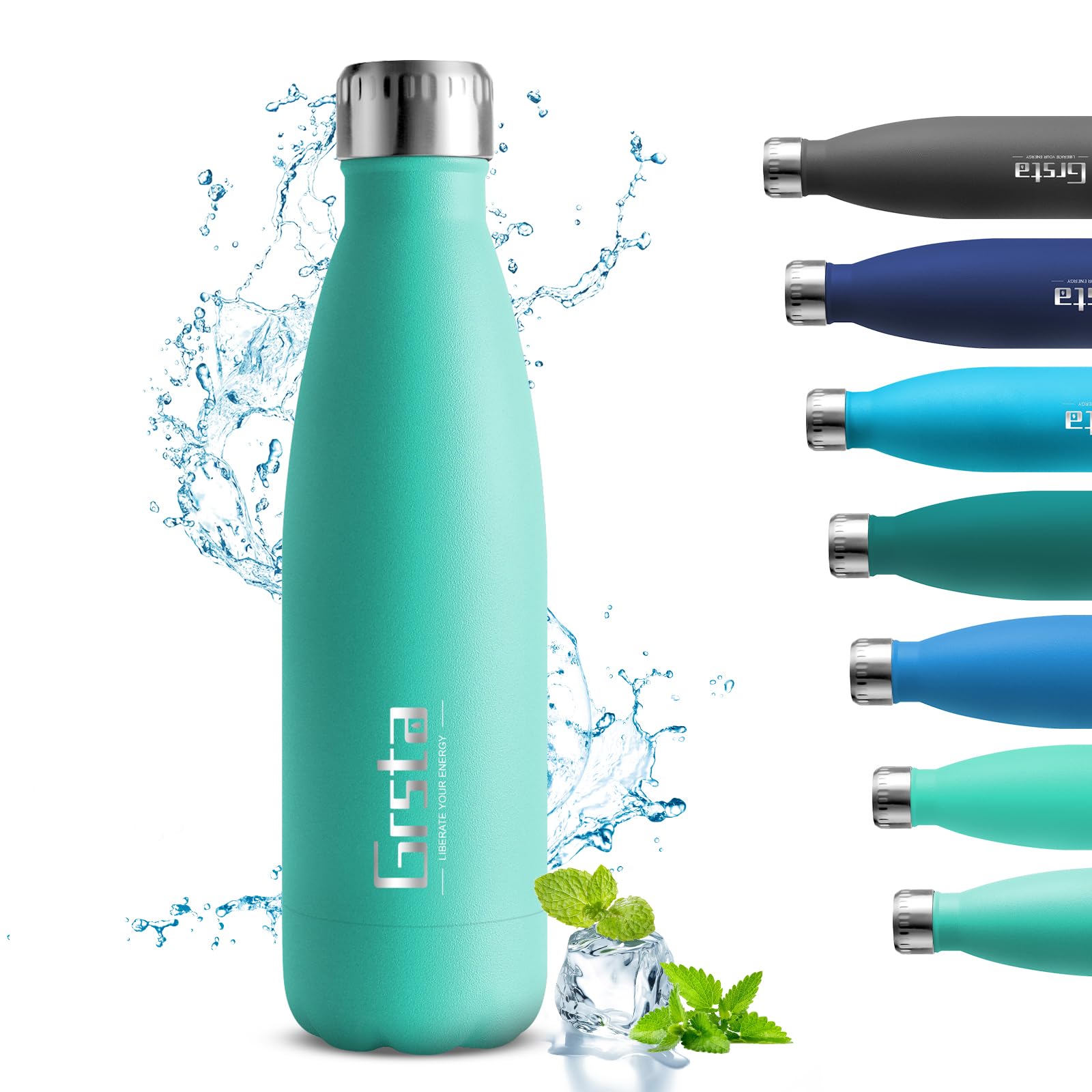 GrstaStainless Steel Insulated Water Bottle, Sports Water Bottle, 500ml/650ml/750m, Vacuum Flask BPA Free, Metal Water Bottles, Leakproof Double Wall Drinking Suitable for Outdoor Sports, Cycling