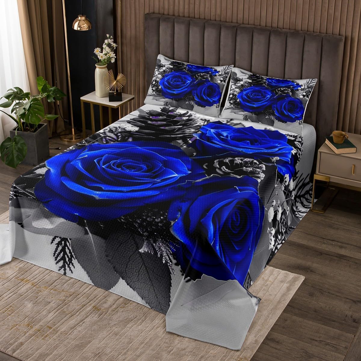 Erosebridal Blue Rose Bedspread Set King 3Pcs, Romantic Valentine's Day Quilt Set, Botanical Plants Floral Coverlet Set, Garden Farmhouse Style Bed Set, Blue Flowers Bedding Set Bedroom Decor