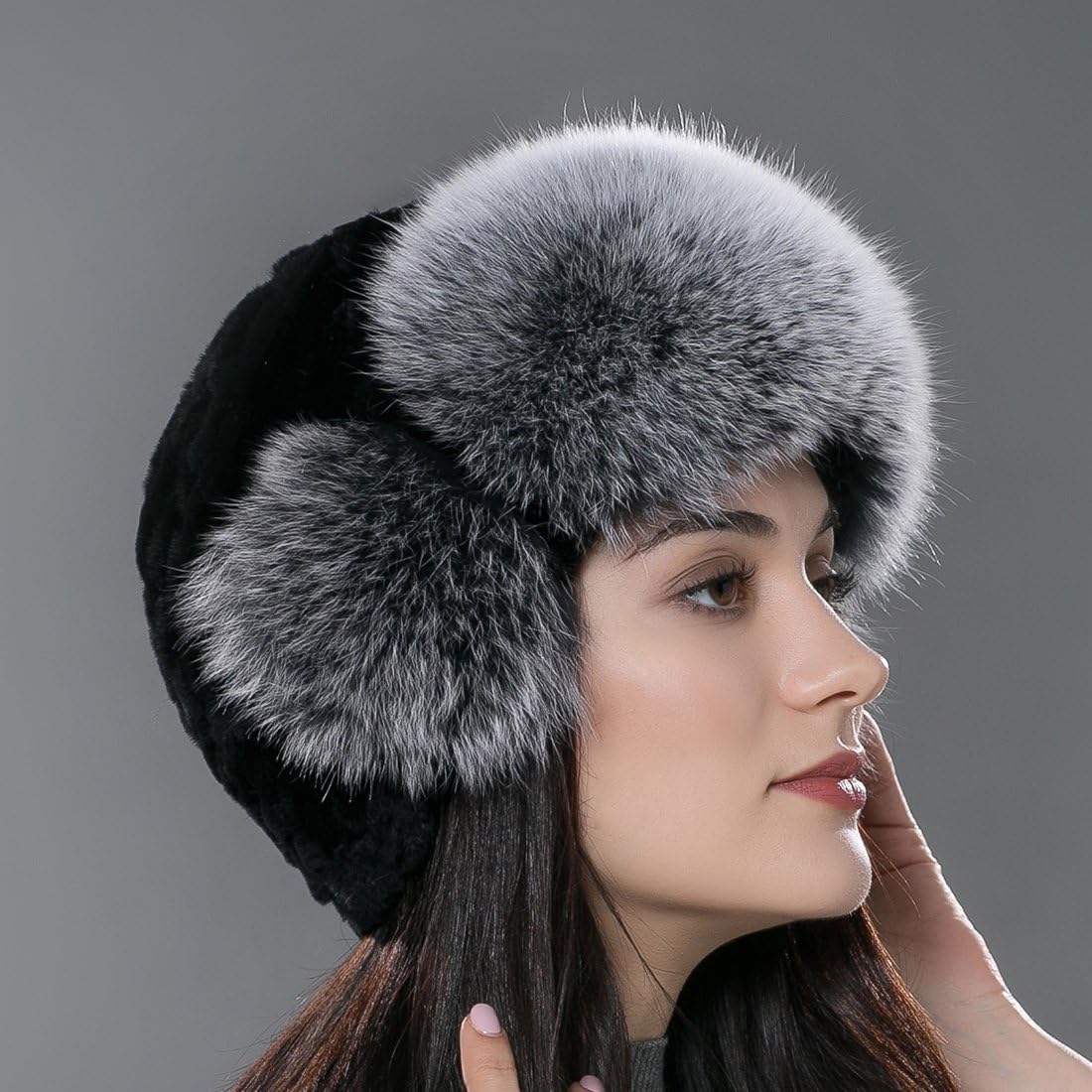 URSFUR Women Russian Rex Rabbit Fur Trapper Hat with Silver Fox Fur Trim