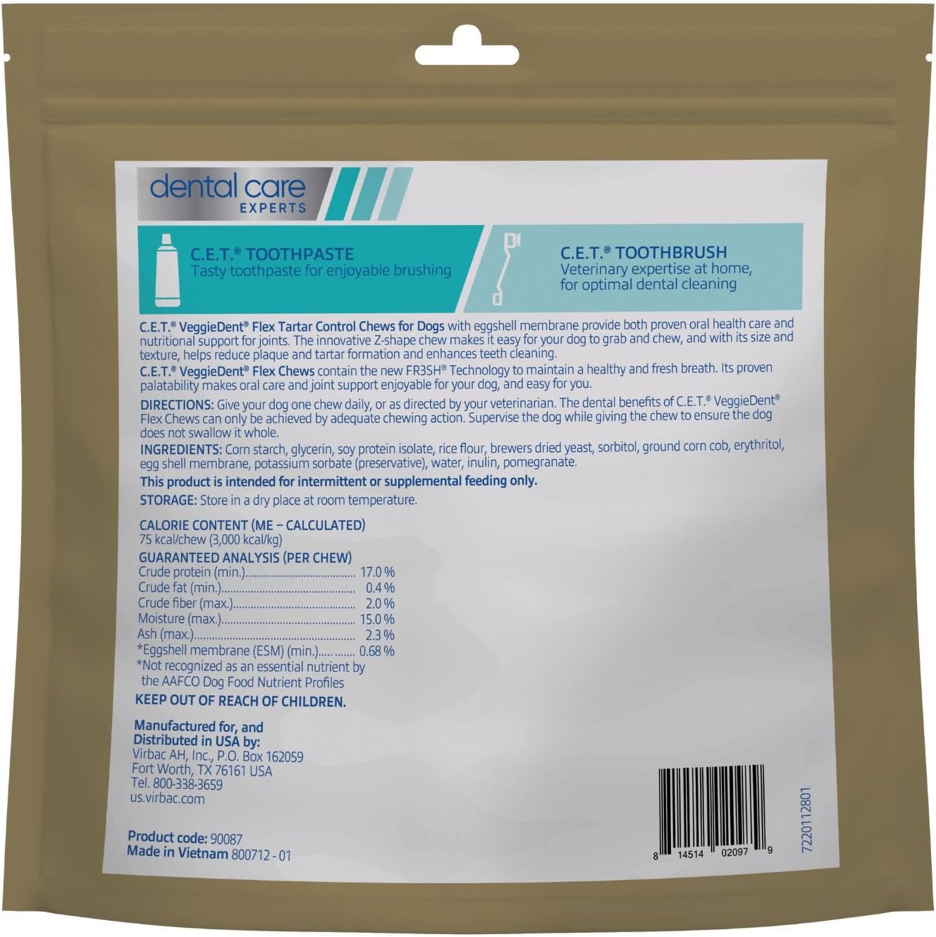 Virbac C.E.T.® VEGGIEDENT® Flex Tartar Control Chews for Dogs - Multifunctional to Support Joint Health, VOHC Approved - Medium 22-66lbs