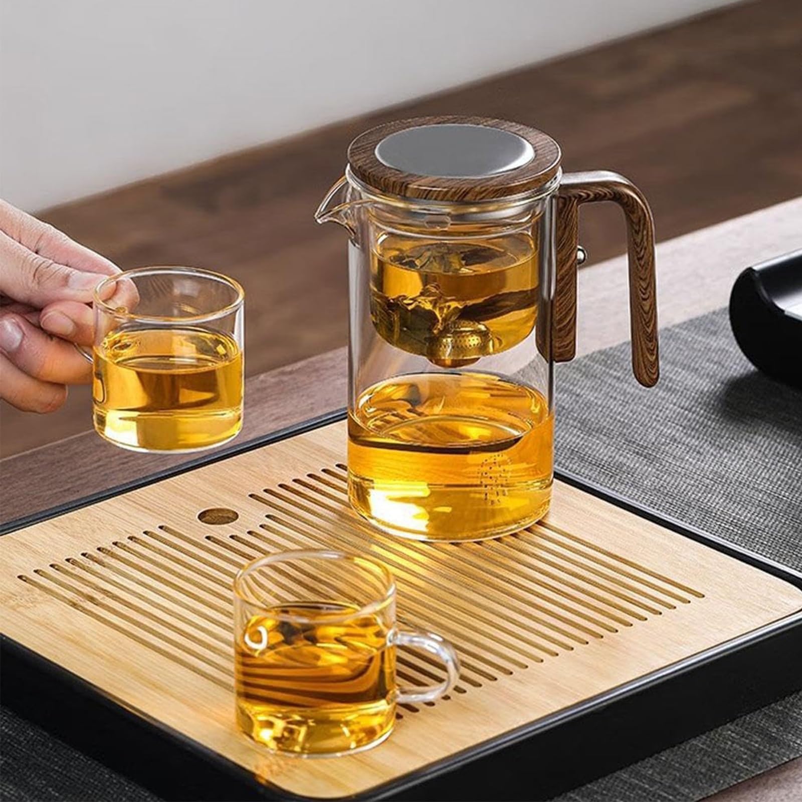 Hexerei-Teekanne, verzauberte Teekanne mit Drucksteuerung, magische Teekanne mit Sieb, 2-in-1-magische Teekanne for losen Tee, Hexenglas-Teekanne, magische Teekanne aus Glas mit Holzgriff(520ml: 15.5*