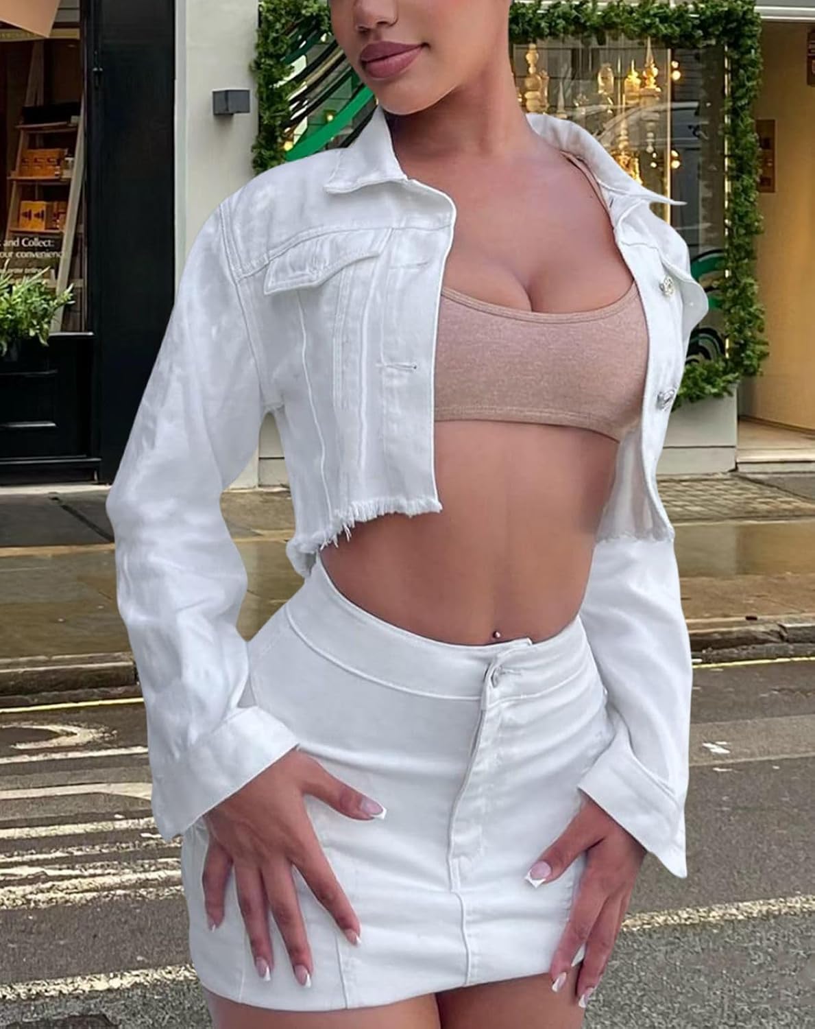 Women's Button Down Jacket Long Sleeve Cropped Top Denim Jeans Coat - Image 5