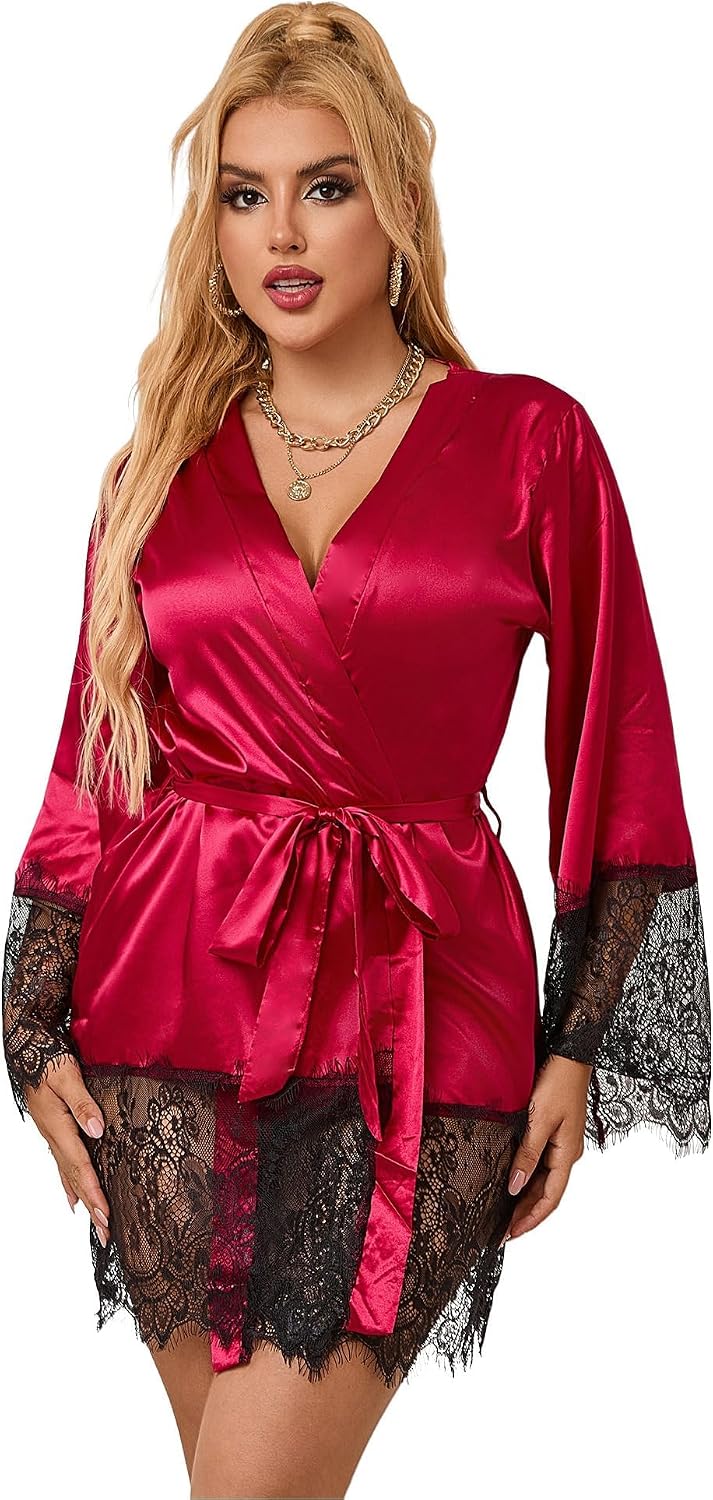 ohyeah Women's Lace Trimed Silky Satin Robe, Black&Red, XS-4XL