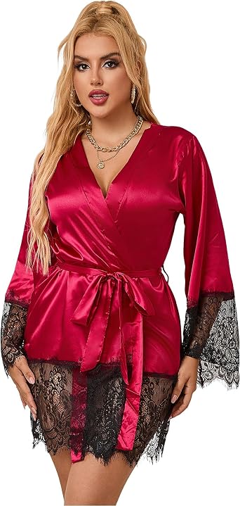 ohyeah Silk Satin Robe Lace Trimed Kimono Robes Plus Size Silky Bathrobe Sexy Lingerie for Women Short Bridal Party Robe
