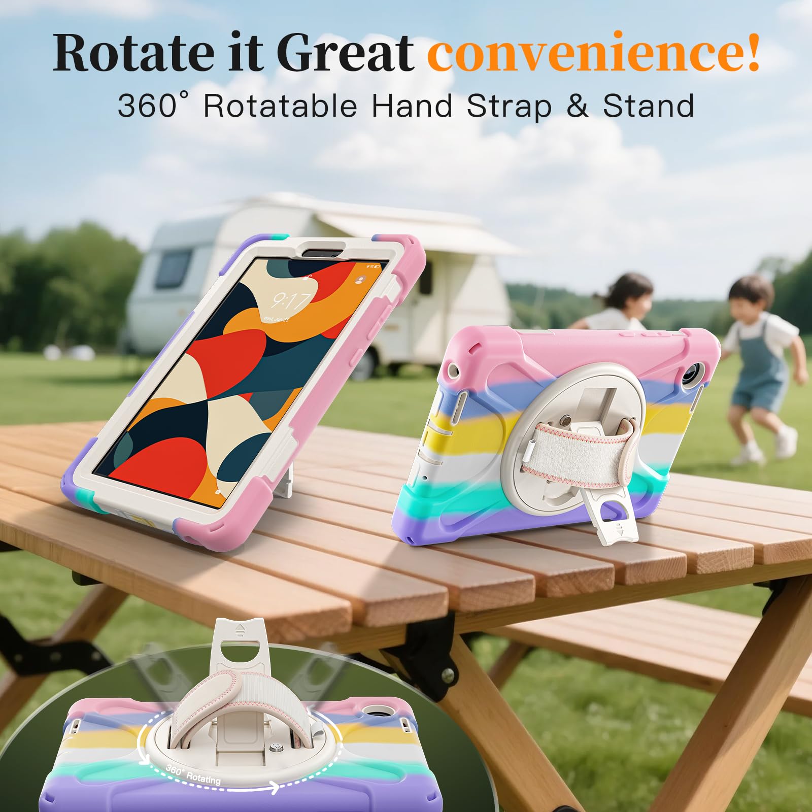 Compatibile con Lenovo Tab One 8.7"/K9 TB305FU (2025), custodia protettiva antiurto di grado militare con supporto da polso e tracolla a prova di caduta con cavalletto girevole (rosa)