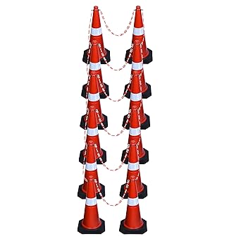 ABS INDUSTRY Safety Cones 12 Cones with 12 Meters S Hook Safety Chain and 12 Hooks Multipurpose PVC Plastic Traffic Safety Cone with Black Rubber Weighted Base and Highly Visible Reflective Collar