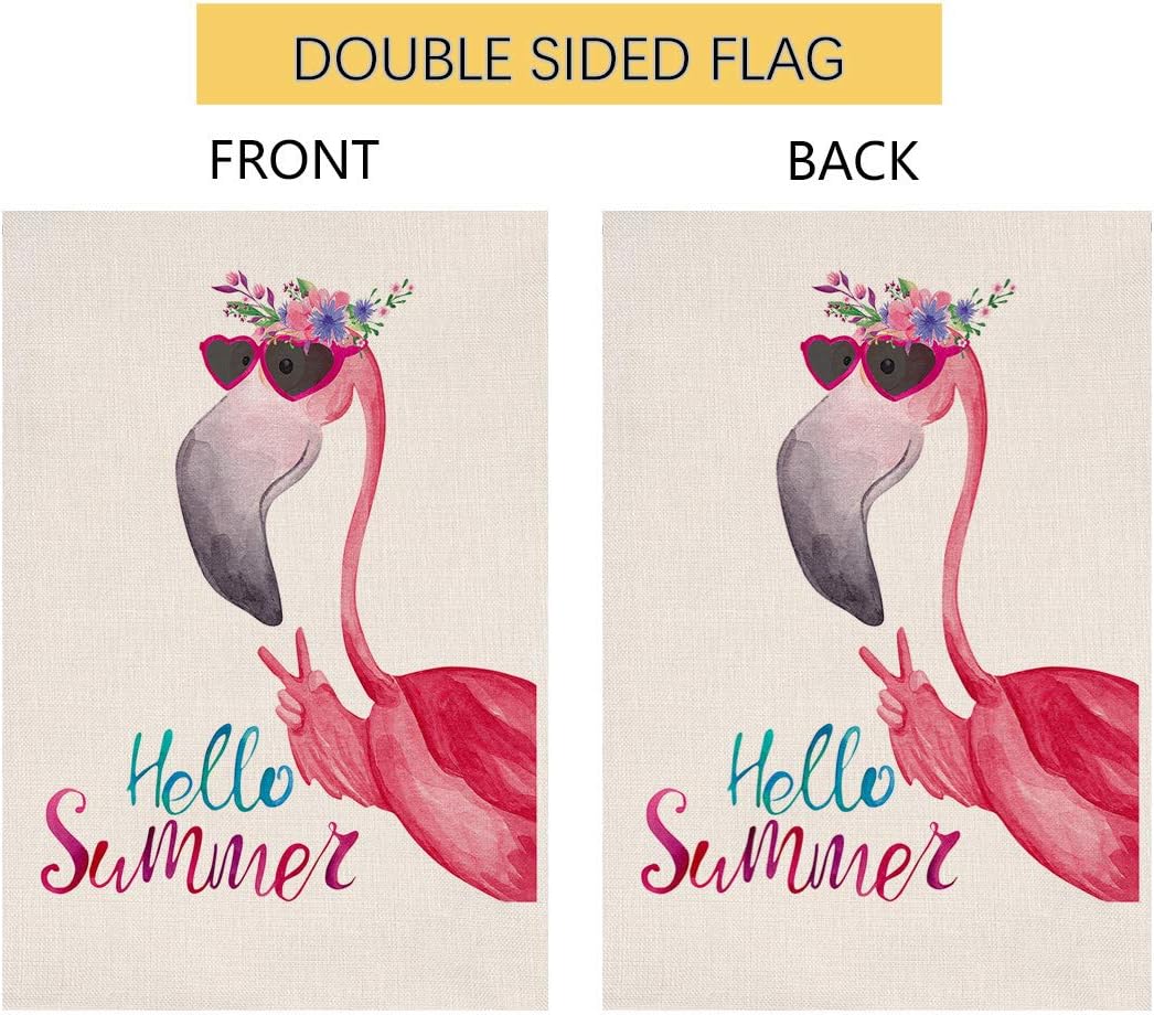 Hello Summer Flamingo Small Garden Flag Vertical Double Sided 12.5 x 18 Inch Floral Beach Burlap Yard Outdoor Decor