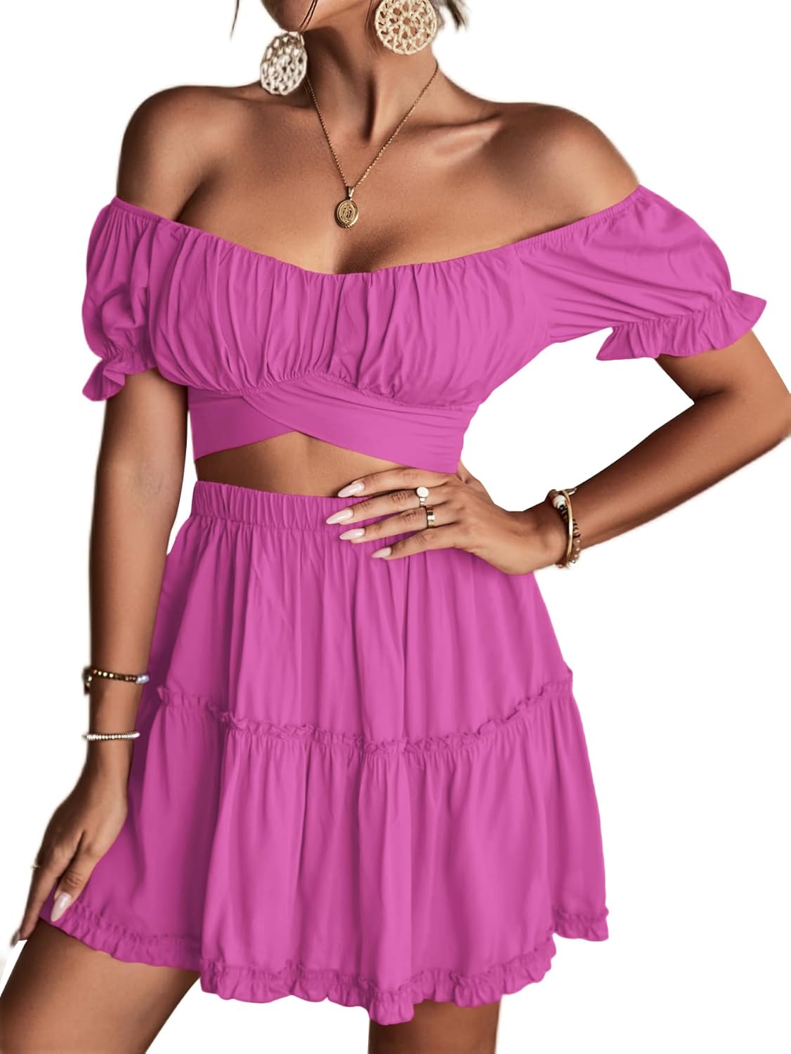 LYANER Women's 2 Piece Outfits Off Shoulder Tie Up Back Crop Top and Mini Skirt Set Solid Lavender X-Small - Image 3