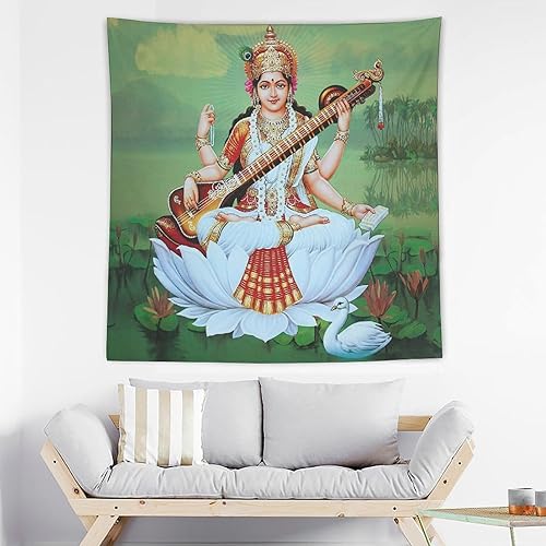 Miniatura 3 de Tapiz de religión de Hinduismo Dios Saraswati, pintura decorativa de poliéster, arte de pared para sala de estar, dormitorio, impresiones de 60 x 60