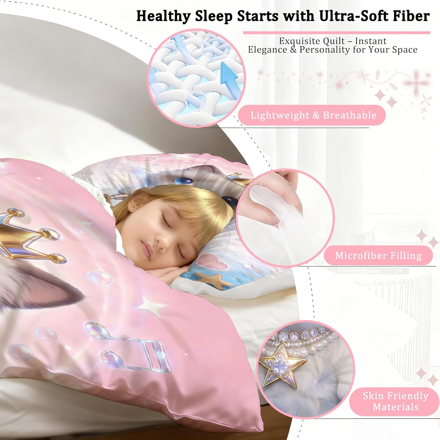 3D Cat Bedding Set Twin Size for Girls Kids Teens Soft Kitten Pink Blue Comforter Set Cute Ragdoll Cat Print Pattern Bed Set Singing Angel Animal Quilt Set with 1 Comforter + 1 Pillow Case