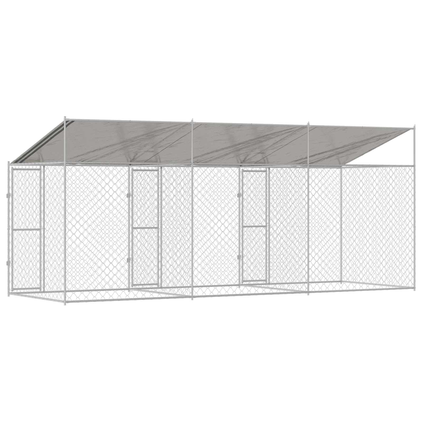 Klatka dla psa z dachem, srebrna, ze stali i polietylenu, 600 x 200 x 256 cm, odporna na warunki atmosferyczne, wybieg dla psa z zamykanymi drzwiami, przestronna hodowla dla psów do ogrodu
