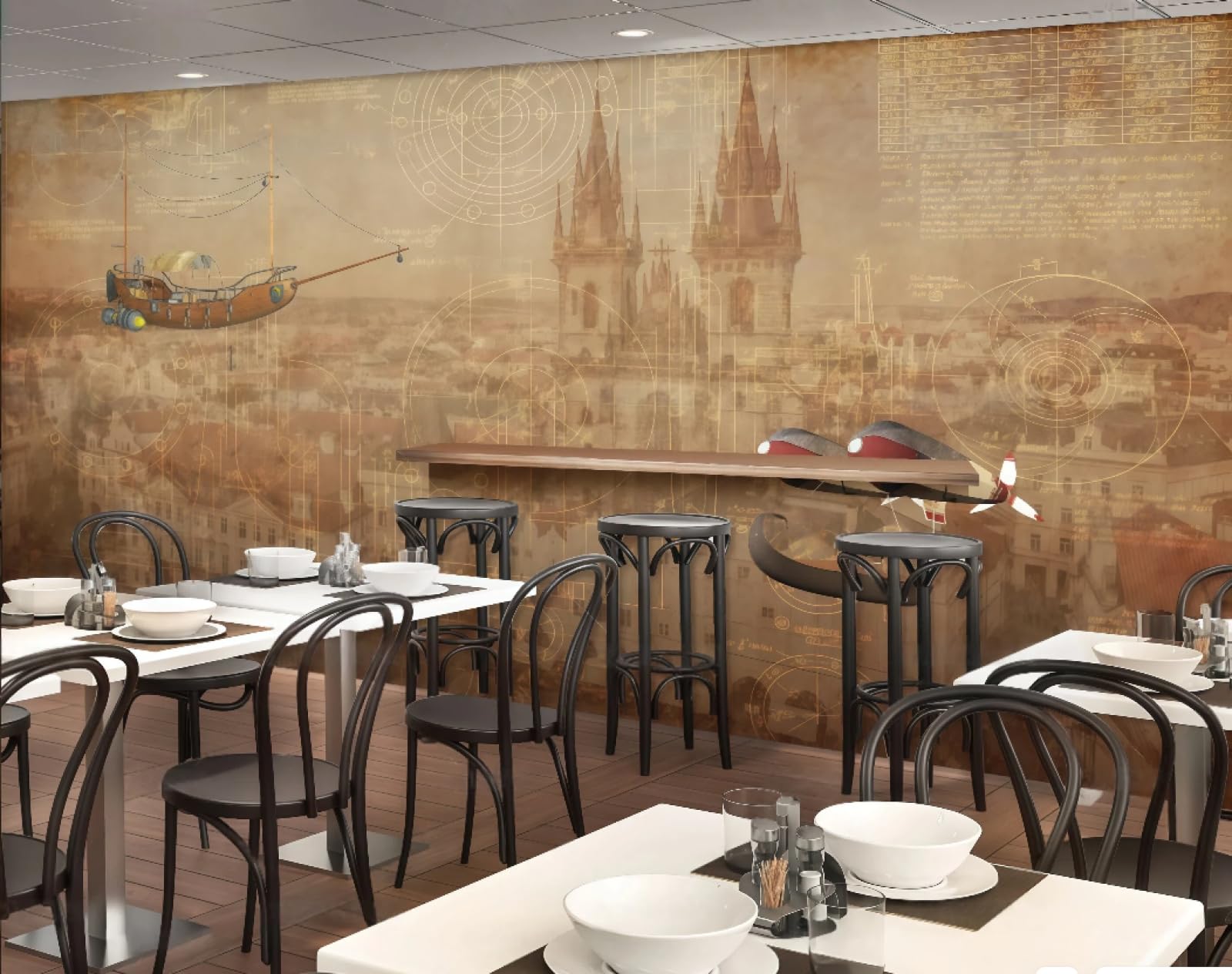 XDOUBAO Wallpaper Retro Personality Sketch City Silhouette Dessert Shop Afternoon Tea Western Restaurant Background Wall Wallpaper Coffee Shop Mural,3D,300x210cm