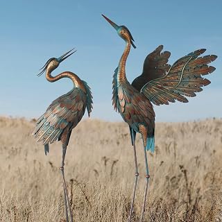 Oritty Copper Metal Crane Garden Statues Set of 2 - 38-42 Inch Standing Heron Yard Art Sculptures for Outdoor Decor