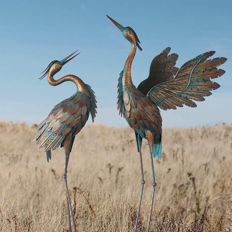 Crane Statues for Garden Decor, Metal Crane Yard Art Statues, 2PCS | Standing Heron Garden Sculptures & Statues for Outdoor Decorations, 38-42 Inch, Copper
