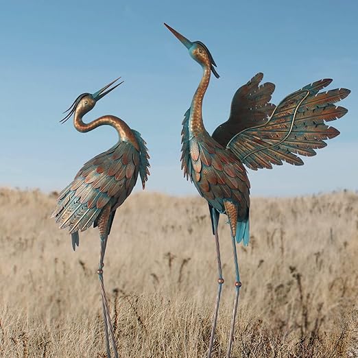 Oritty Crane Statues for Garden Decor, Metal Yard Art