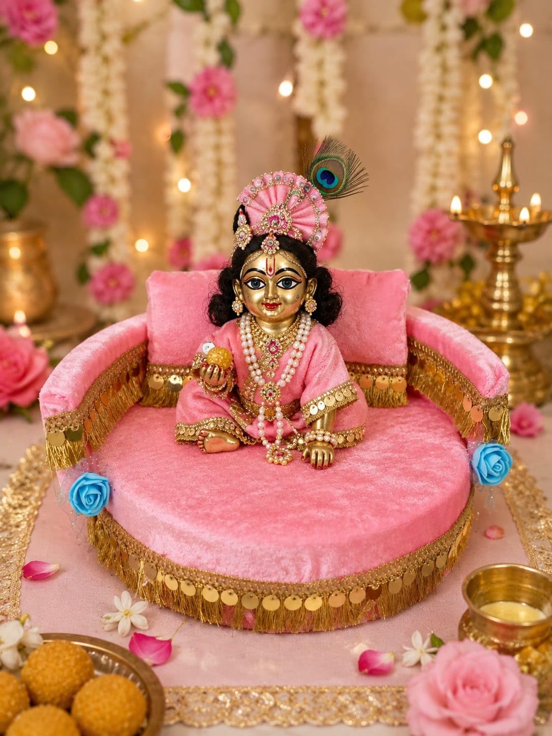 Laddu Gopal ji Big Bed and Singhasan Size 0 to 10 (Light Pink) (MDF and Soft Silky Velvet Cloth), Standard-picture-16