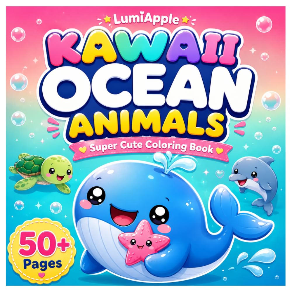 Kawaii Ocean Animals: Super Cute Coloring Book for Kids with Whales, Dolphins, Turtles, Starfish, and Adorable Sea Creatures