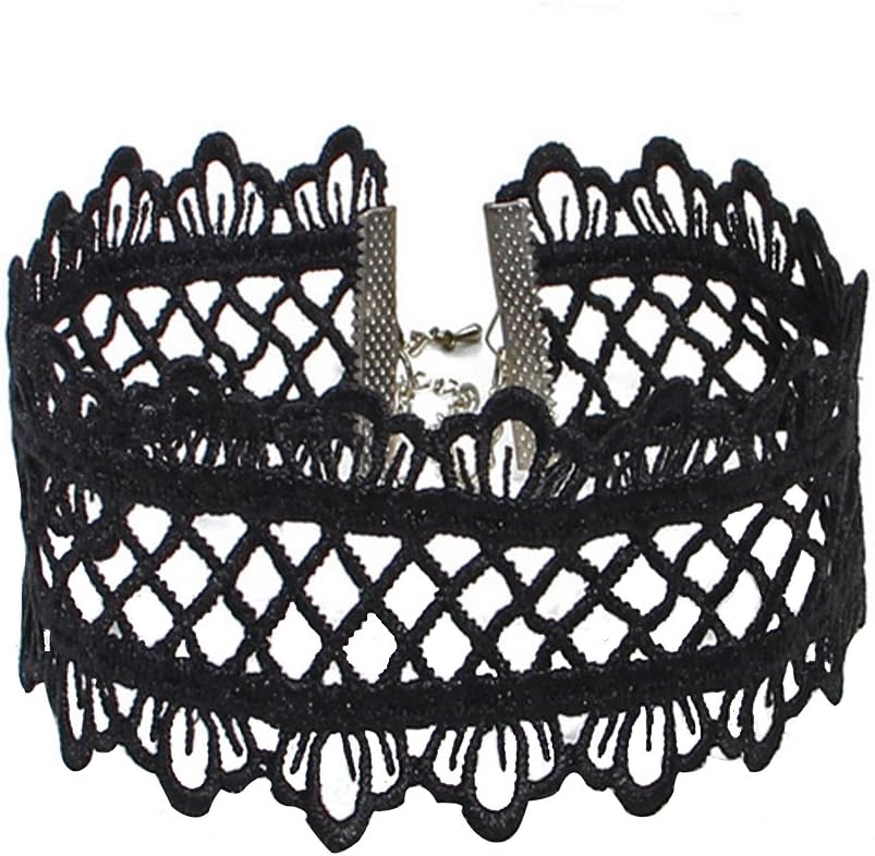 QIEEU Women's Ethnic Style Black Lace Alloy Chain Necklace Stretch Tatto Choker Tassel Necklace