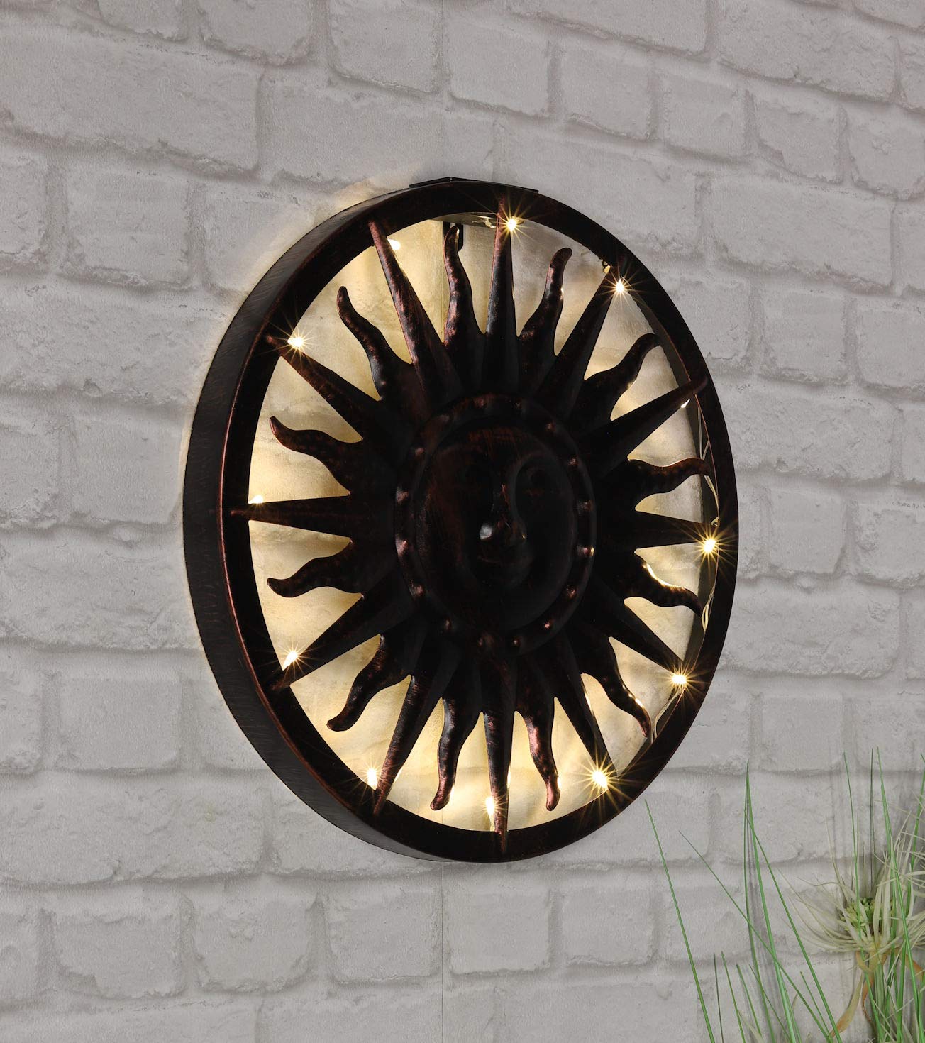 Spetebo Décoration murale solaire en métal avec soleil - env. Ø 40 cm - Décoration murale de jardin au look antique - Décoration de jardin éclairée