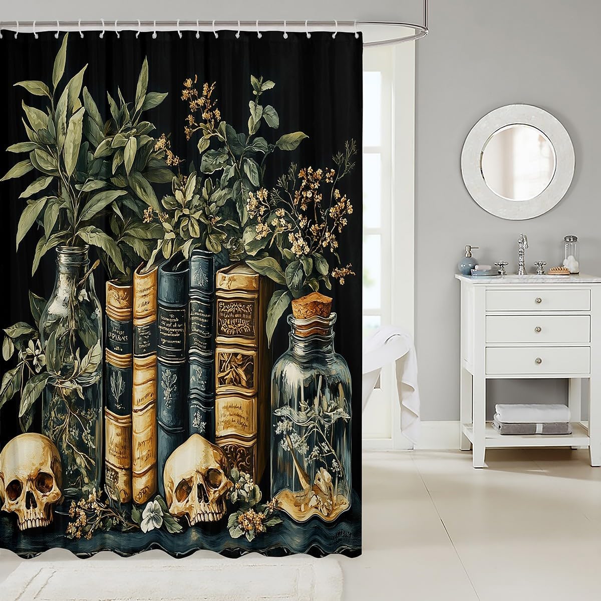 jejeloiu Dark Academia Shower Curtain for Bathroom Decor 72" L x 72" W Kids Skull Mystical Bath Curtain for Boys Girls Goth Bathroom Accessories,Polyester image 2