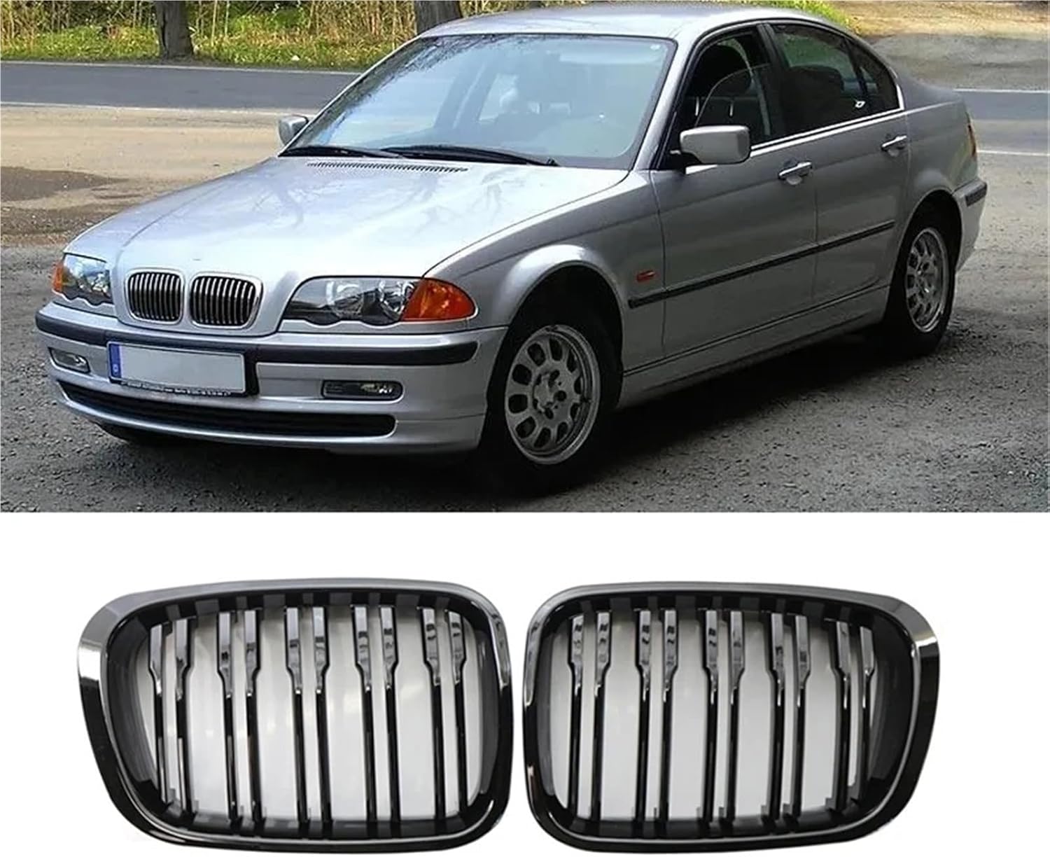 Car Front Bumper Kidney Grill Grille Gloss Black Racing Grills Compatible with BMW 3 Series E46 4-Door 4D 4DR 1998-2001 Styling