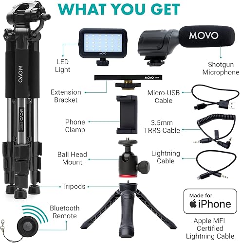 Miniatura 3 de Movo iVlogger - Kit de vlogging para iPhone con trípode de tamaño completo – Kit de inicio de YouTube compatible con Lightning para creadores