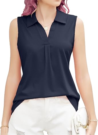 Womens Polo Tank Tops Summer Casual Loose V Neck Sleeveless Shirts Collared Work Tops Business Dressy Blouses
