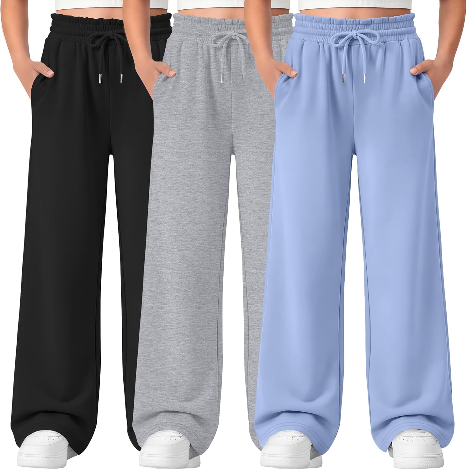 3 Pack Girls' Sweatpants Straight Wide Leg Kids Drawstring Casual Joggers Teen Loose Athletic Pants with Pockets