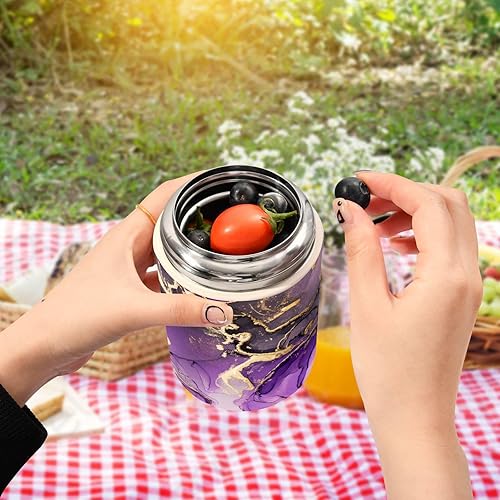 Miniatura 5 de Tarro de comida de mármol dorado morado con cuchara de acero inoxidable aislado al vacío, termo de 17 onzas para adultos