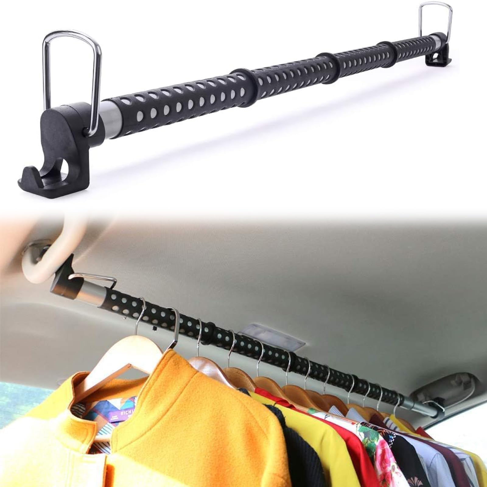 JFSENH Rubber Car Clothes Hanger Bar, Expandable Heavy Duty Car Clothes Rack Expanded to 63 inches, Suitable for Most Cars, Trucks, SUVs, Vans, RVs, Road Travelers, Black