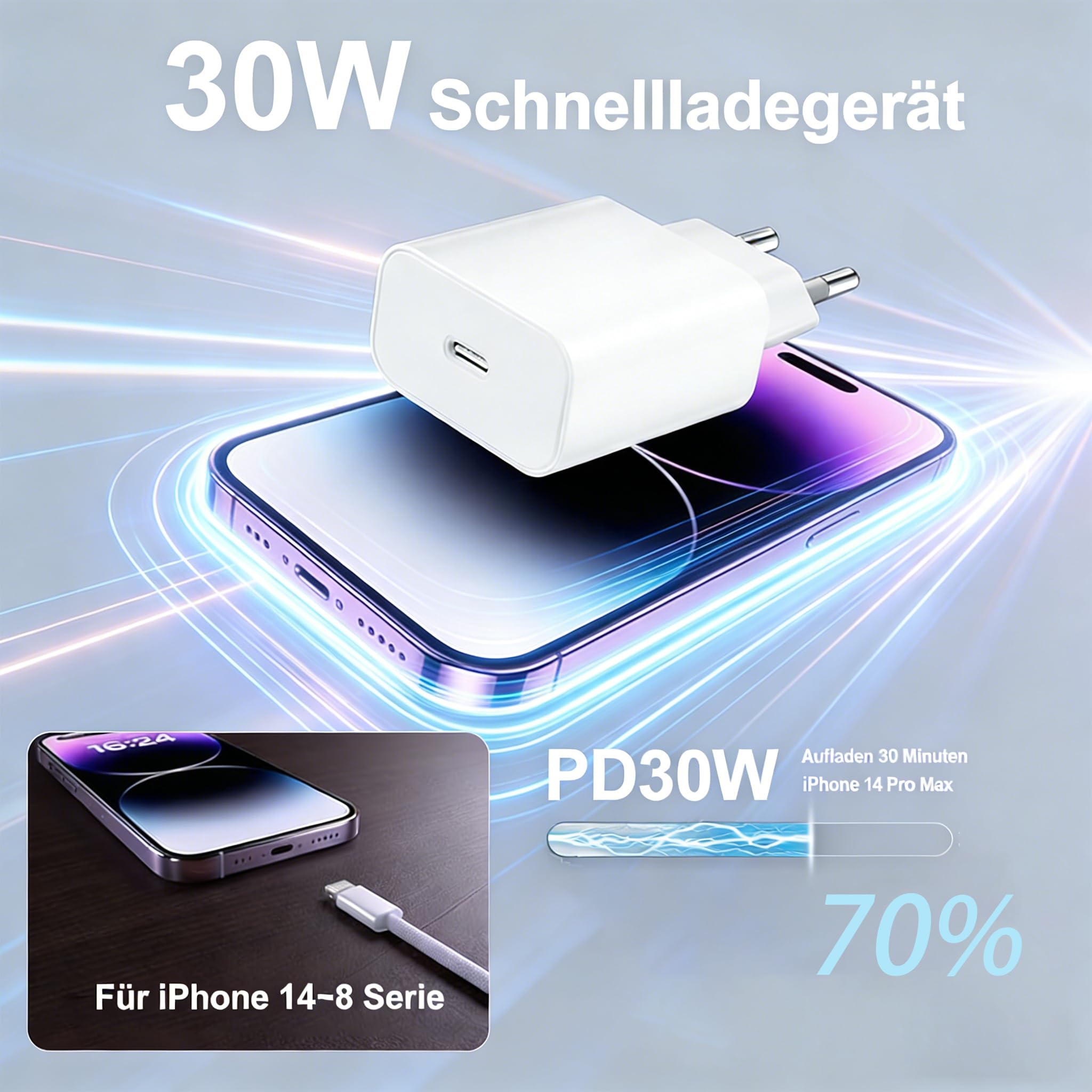 Szybka ładowarka 30 W z portem USB-C i nylonowym kablem o długości 2 m do iPhone'a 14 13 12 11,Pro Max i SE,wtyczka do szybkiego ładowania z kablem USB-C na Lightning o długości 2 metrów,kolor biały