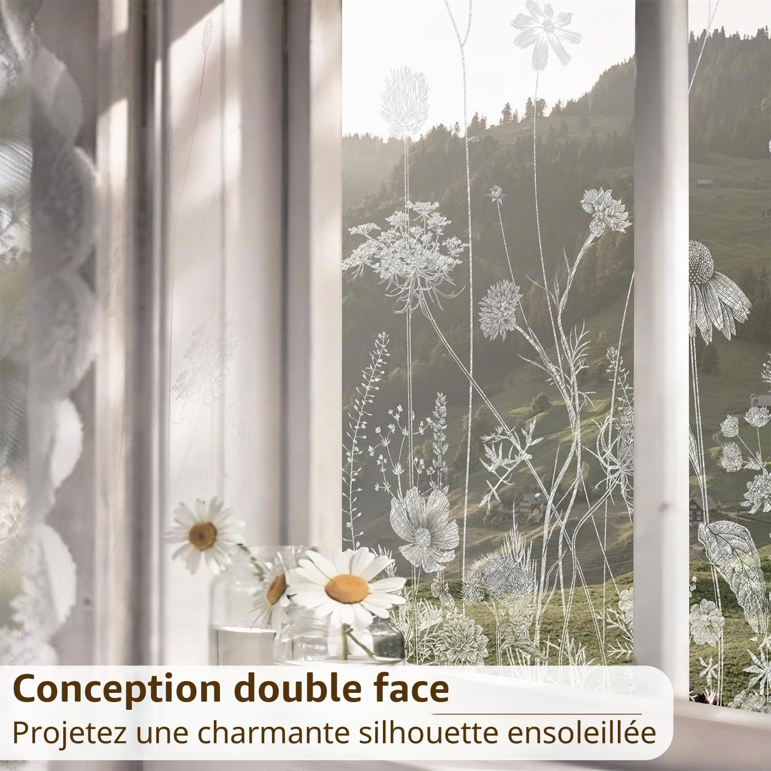 funlife botanique Verre dépoli Films pour fenêtre, Transparent Chardon Marguerite Fleur Sauvage Film pour fenetre, décoratif Double Face Convient pour Les Salons, Chambre à Coucher, Bureau 120X58CM