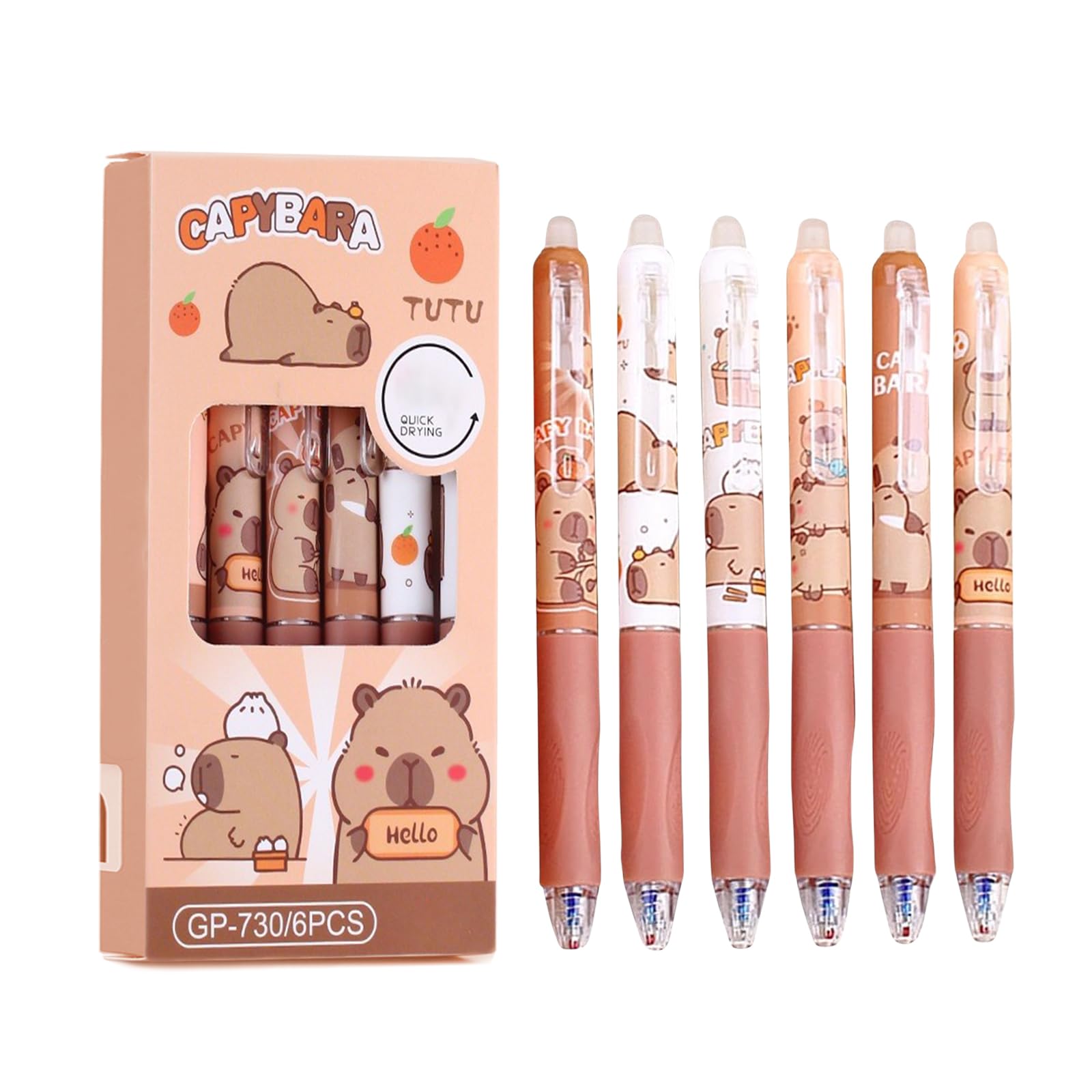 FloralGrace 6 Pieces Kawaii Cartoon Capybara Gel Pens, Quick Drying Retractable Pen Set, Retractable Kawaii Pens, Novelty Animal Pens, Capybara Theme Party Gifts
