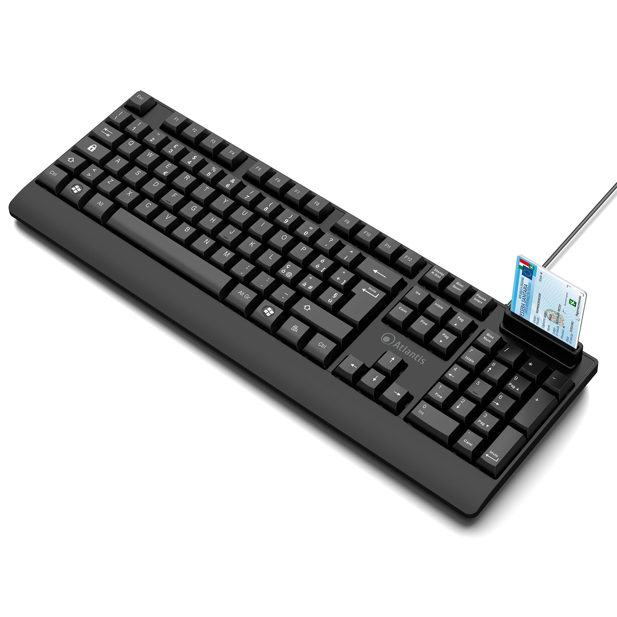 Atlantis Teclado con lector de tarjetas inteligentes integrado, QWERTY italiano, lectura CNS, CRS, tarjeta de salud, firma digital, puerto USB, cable de 1,5 m - negro