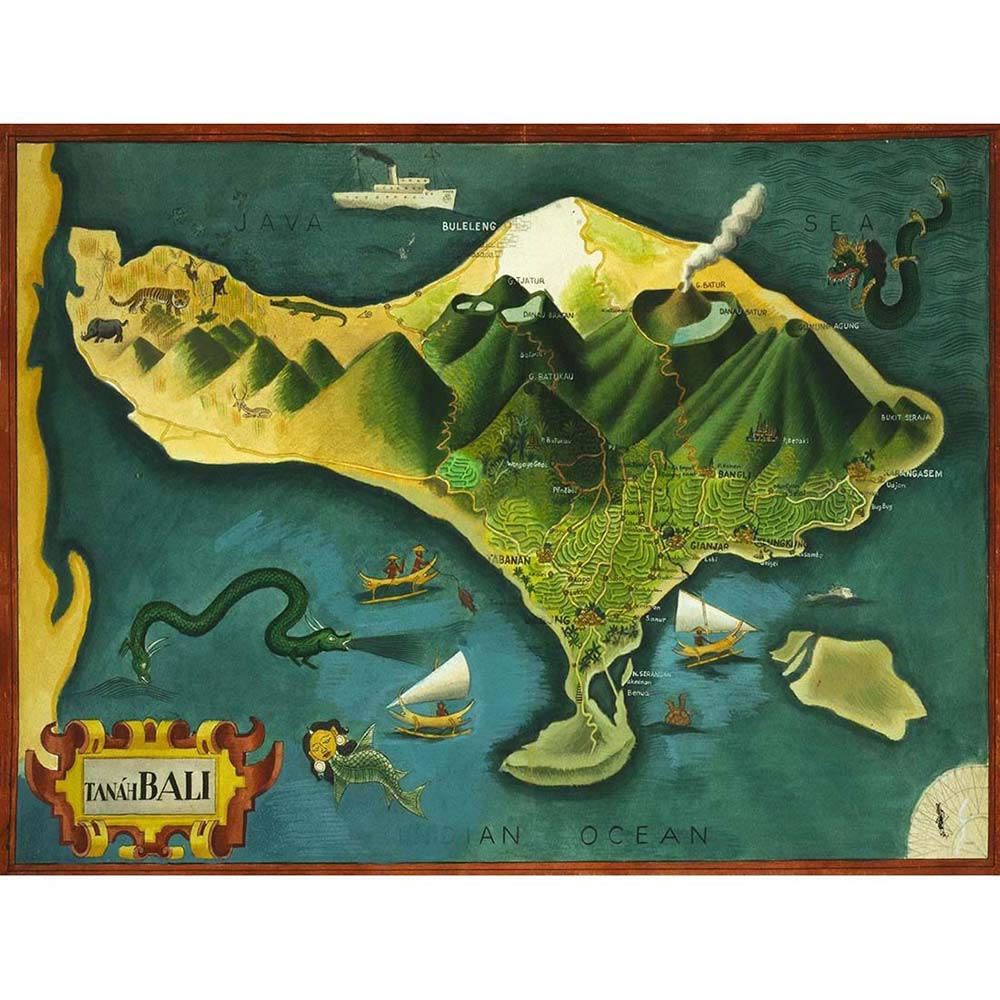 Wee Blue Coo Paintings Map Bali Indonesia Volcano Animal Art Print Poster Wall Decor 12X16 Inch