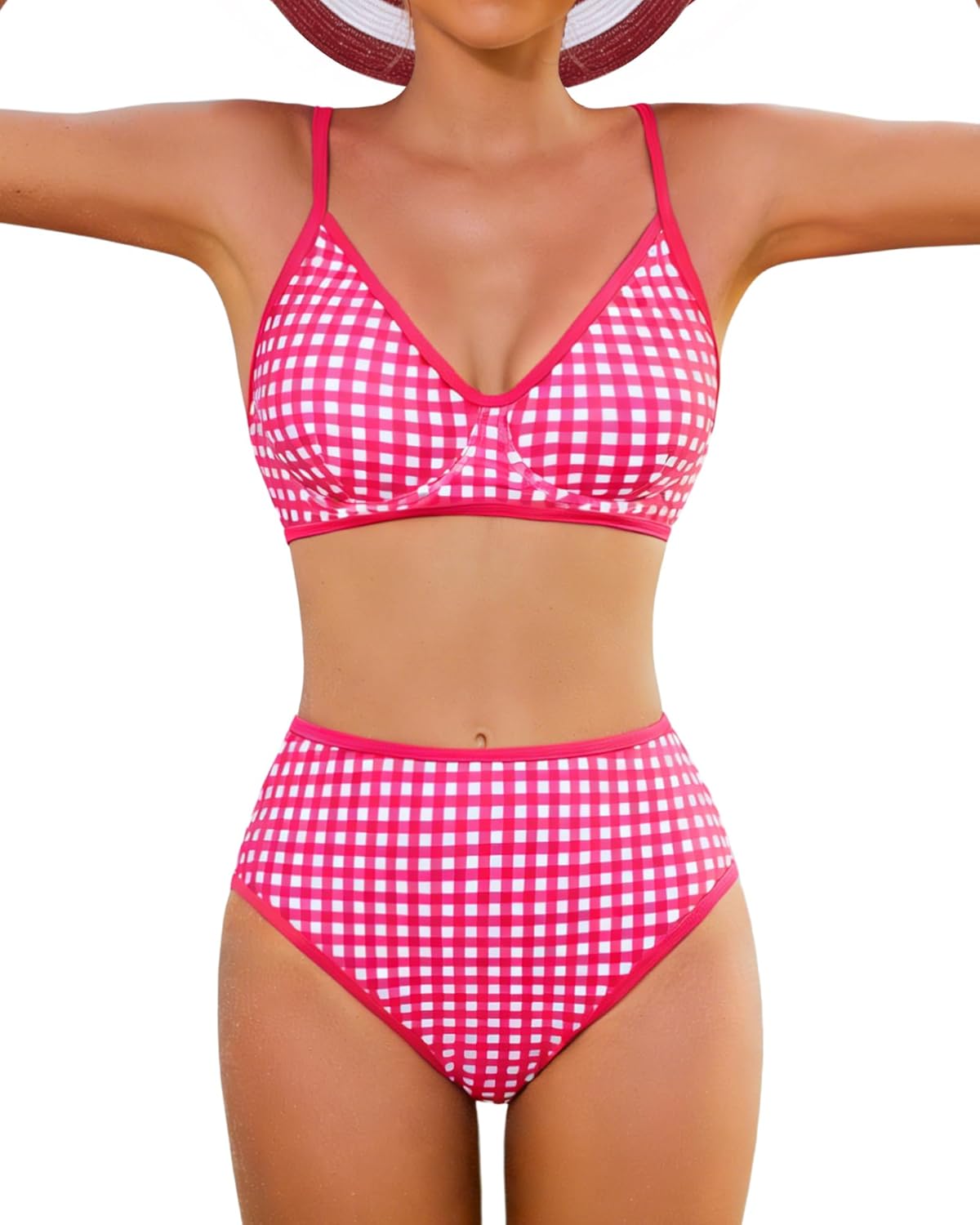 XUNYU Women Underwire Swimsuits High Waisted Bikini Sets 2 Piece Tummy Control Bathing Suit Push Up Tops Teens Cute Swimwear