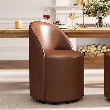 Wahson Faux Leather Swivel Dining Chair, Modern Upholstered Barrel Accent Chair with 360 Degree Rotation, Brown Vanity Chair for Dining/Living Room, Bedroom, Makeup Room