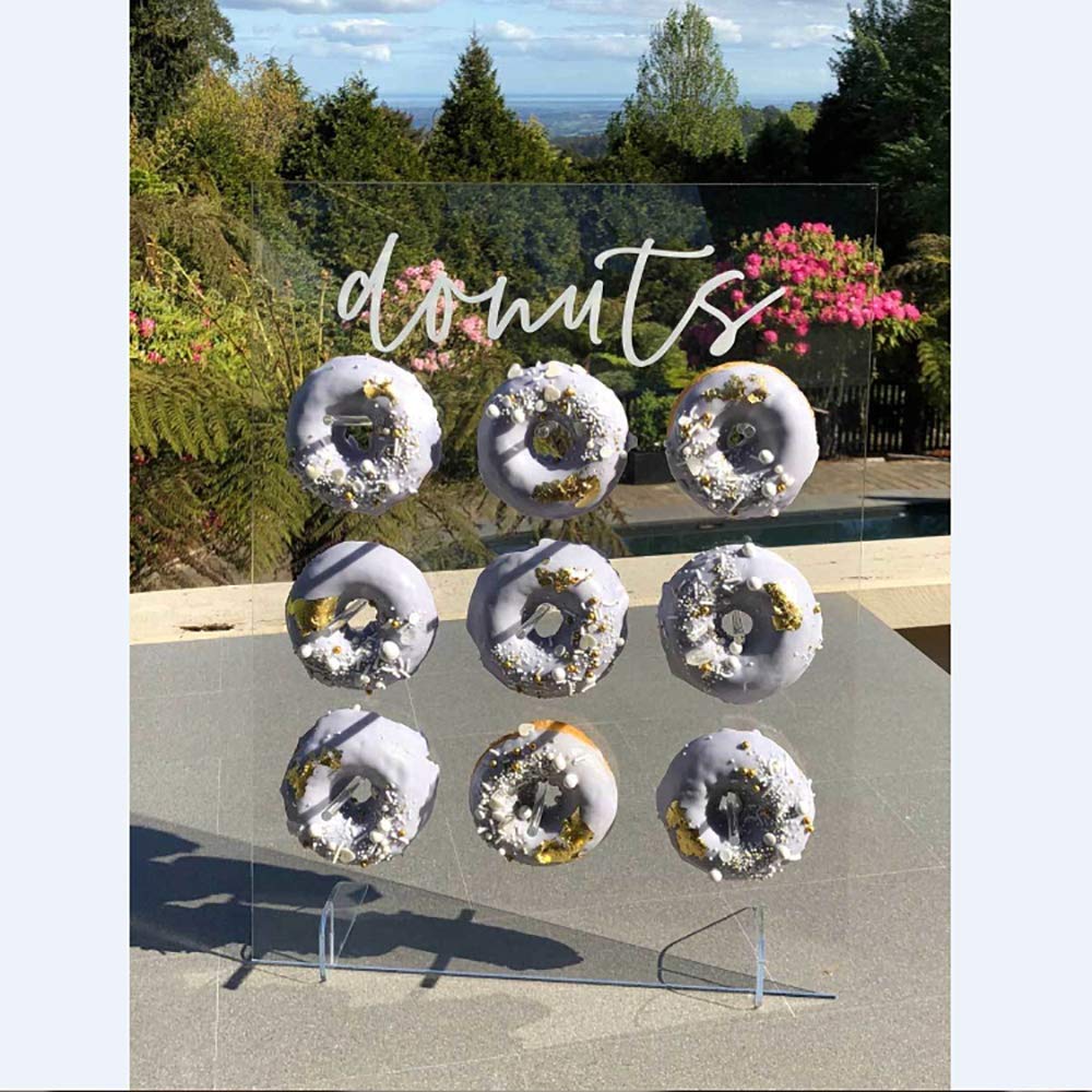 LUGUNU Reusable Acrylic Donut Wall Display On Table Donut Wall for Baby Showers Bridal Shower Wedding Party Birthday Decorations, 9 Pillars, 12 x 16 Inches (Say Donuts)