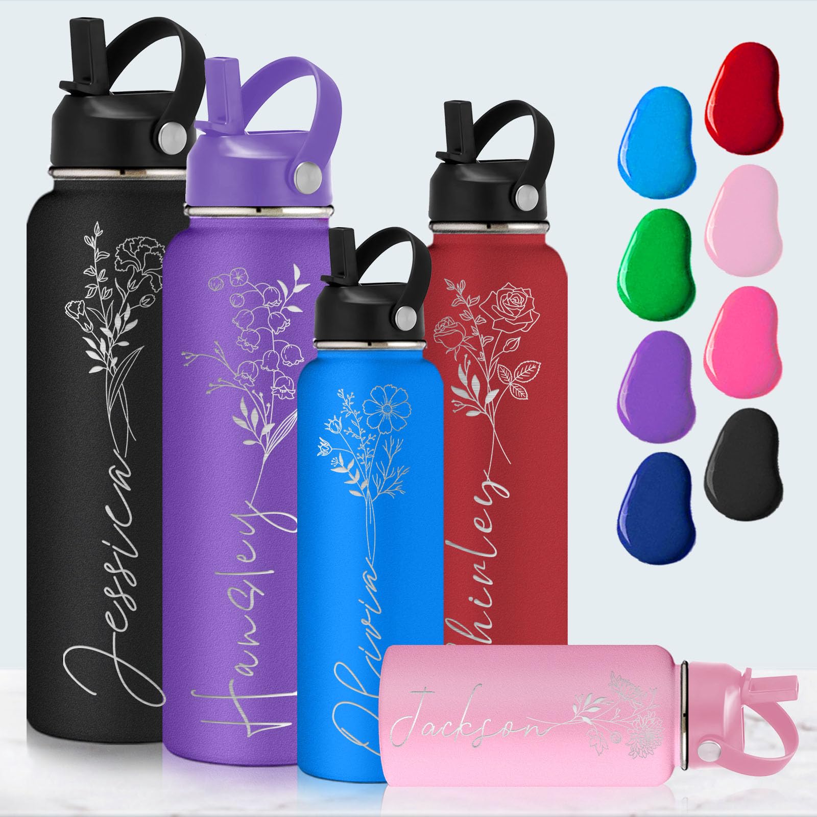 Custom Water Bottle with Name Engraved, Personalized Water Bottles with Straw Lid, Customized Gifts for Women Men (12/18/24/32/40oz)