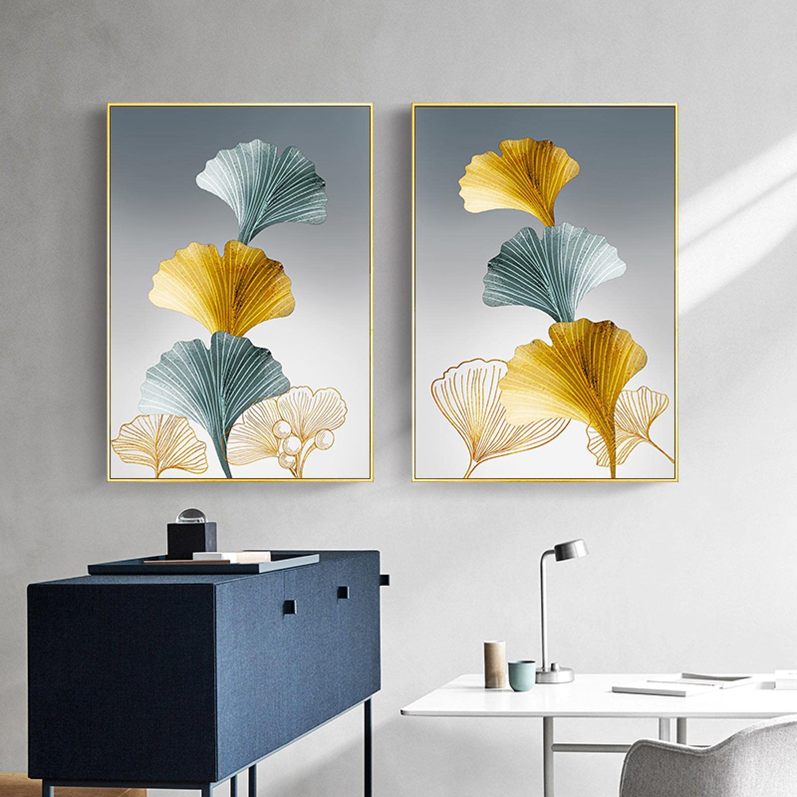 Toile Ginkgo Line Art Feuille d'Or - Impression Moderne Abstraite Premium 30x40cm