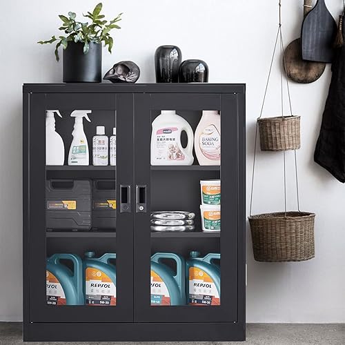 Miniatura 17 de SISESOL Armario de almacenamiento con puertas y estantes de vidrio, armario de despensa de cocina independiente para el hogar, oficina, baño Negro